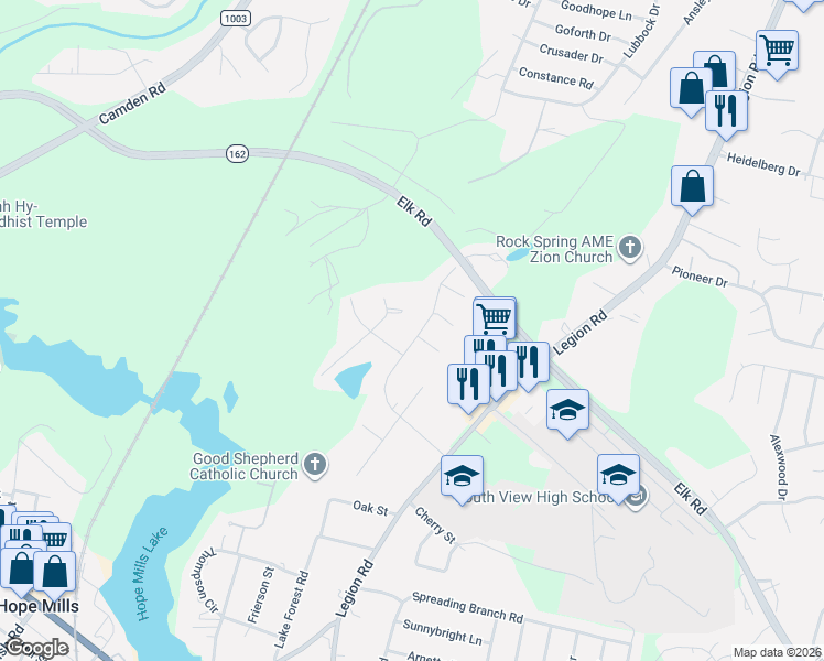 map of restaurants, bars, coffee shops, grocery stores, and more near 4969 Pinewood Drive in Hope Mills