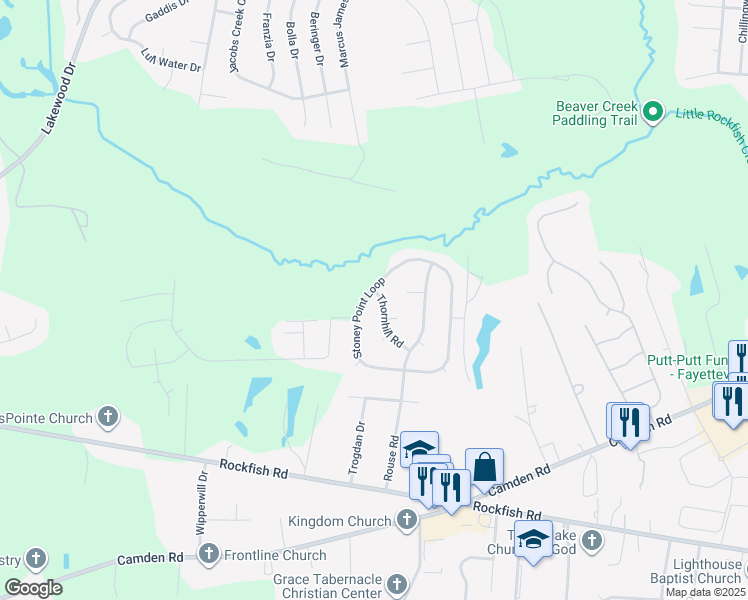 map of restaurants, bars, coffee shops, grocery stores, and more near 6281 Stoney Point Loop in Fayetteville