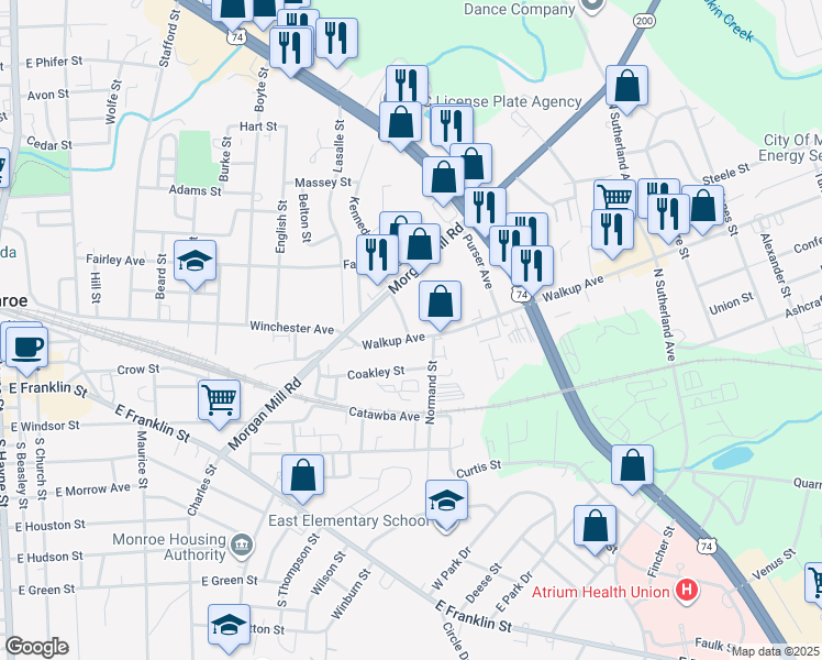 map of restaurants, bars, coffee shops, grocery stores, and more near 1303 Walkup Avenue in Monroe