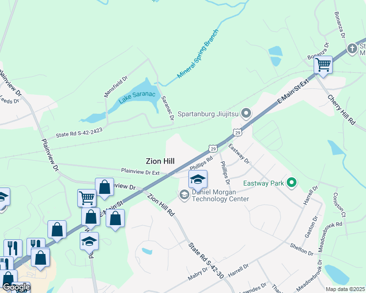 map of restaurants, bars, coffee shops, grocery stores, and more near 128 Plainview Drive Extension in Spartanburg