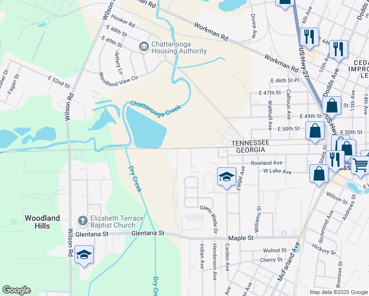map of restaurants, bars, coffee shops, grocery stores, and more near 100 Rowe Street in Rossville