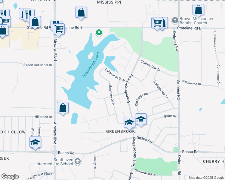 map of restaurants, bars, coffee shops, grocery stores, and more near 8476 Lakeshore Drive South in Southaven