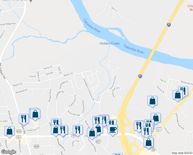 map of restaurants, bars, coffee shops, grocery stores, and more near 1366 Walnut Hill Drive in Rock Hill