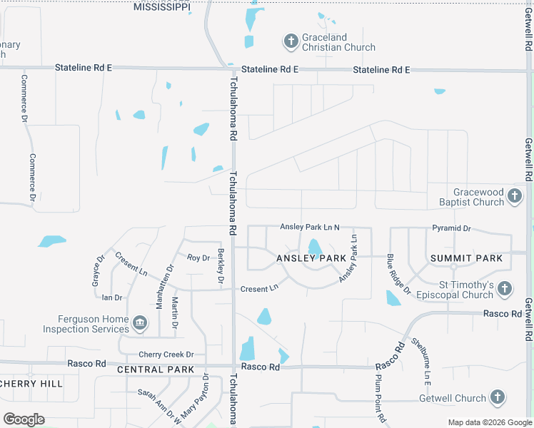 map of restaurants, bars, coffee shops, grocery stores, and more near 2154 Ansley Park Lane North in Southaven