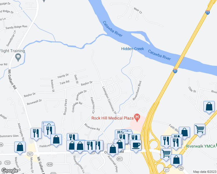 map of restaurants, bars, coffee shops, grocery stores, and more near 1734 Hidden Creek Drive in Rock Hill