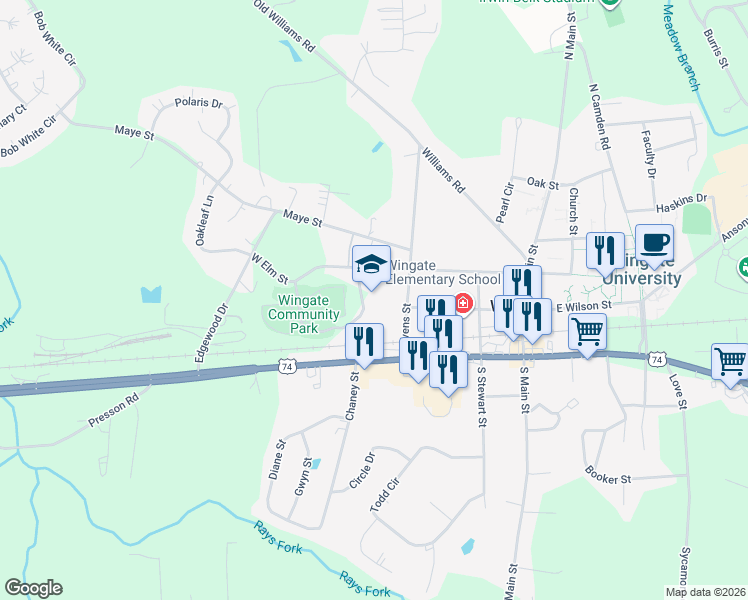 map of restaurants, bars, coffee shops, grocery stores, and more near 301 Bivens Street in Wingate