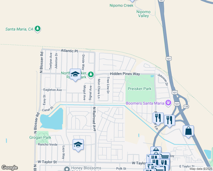 map of restaurants, bars, coffee shops, grocery stores, and more near 2317 Tree Line Drive in Santa Maria