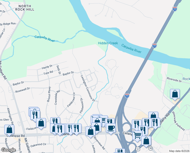 map of restaurants, bars, coffee shops, grocery stores, and more near 1366 Walnut Hill Drive in Rock Hill