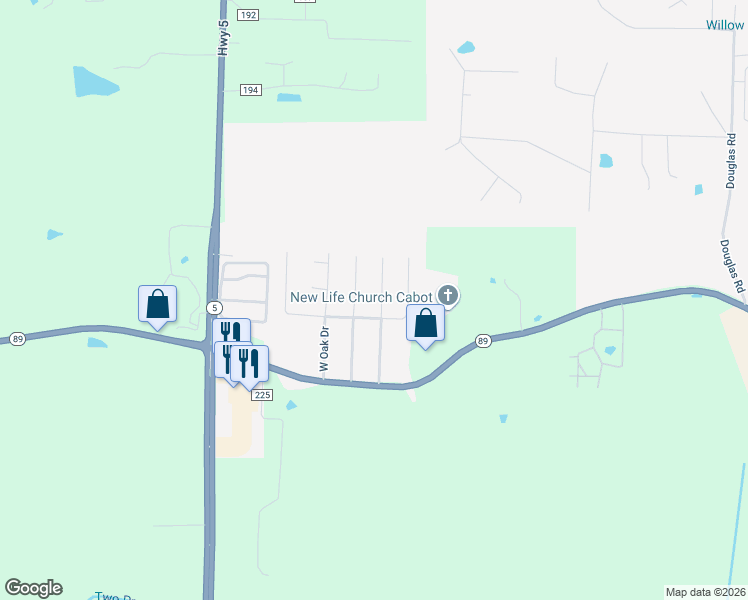 map of restaurants, bars, coffee shops, grocery stores, and more near 26 Oak Brook Drive in Cabot