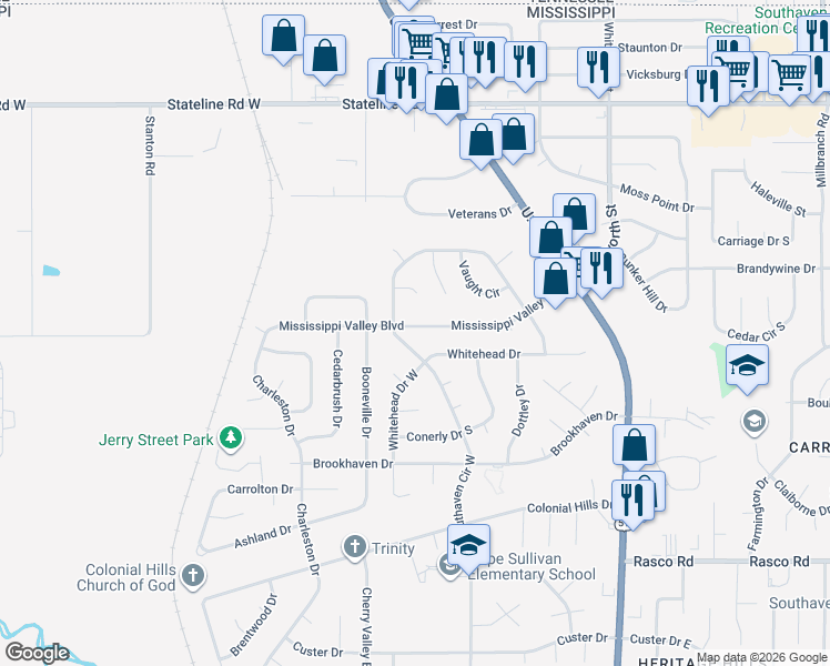 map of restaurants, bars, coffee shops, grocery stores, and more near 1925 Mississippi Valley Boulevard in Southaven