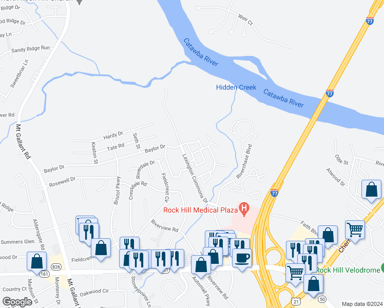 map of restaurants, bars, coffee shops, grocery stores, and more near 1734 Hidden Creek Drive in Rock Hill