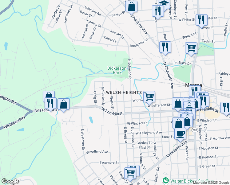 map of restaurants, bars, coffee shops, grocery stores, and more near 601 North West Street in Monroe