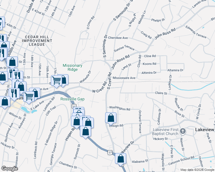 map of restaurants, bars, coffee shops, grocery stores, and more near 1009 South Crest Road in Rossville