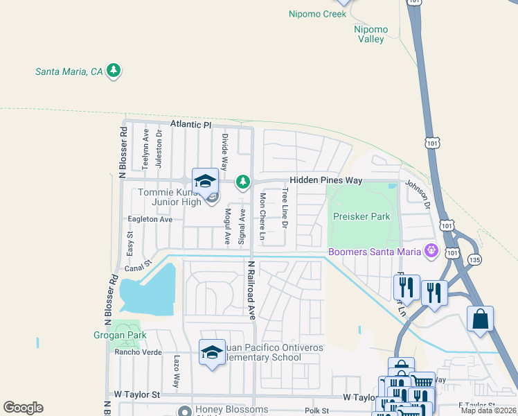 map of restaurants, bars, coffee shops, grocery stores, and more near 2309 Mon Chere Lane in Santa Maria