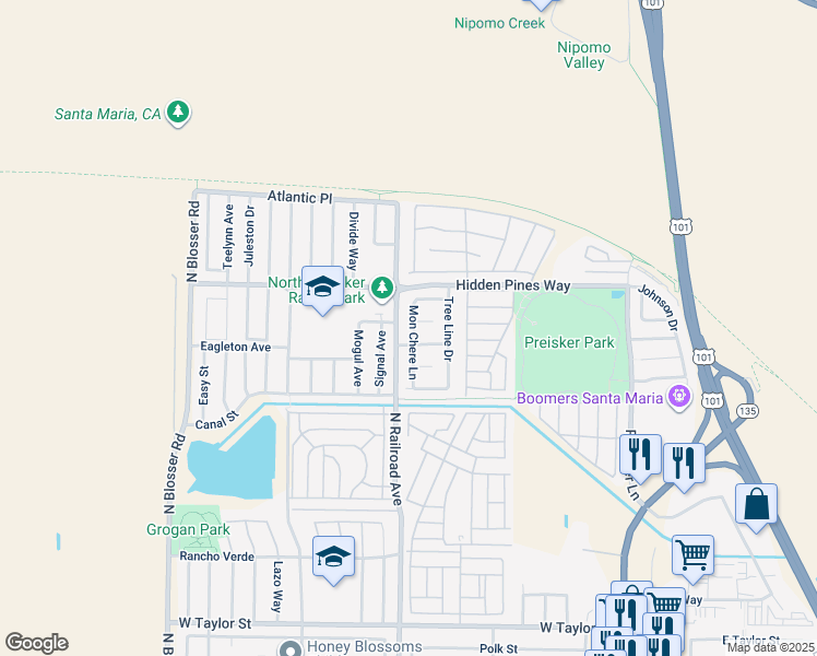 map of restaurants, bars, coffee shops, grocery stores, and more near 2309 Mon Chere Lane in Santa Maria