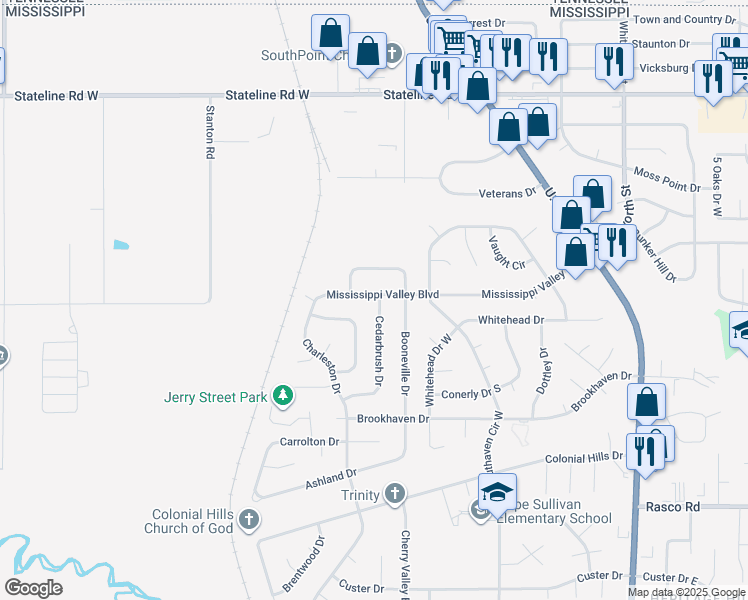 map of restaurants, bars, coffee shops, grocery stores, and more near 8521 Cedarbrush Drive in Southaven