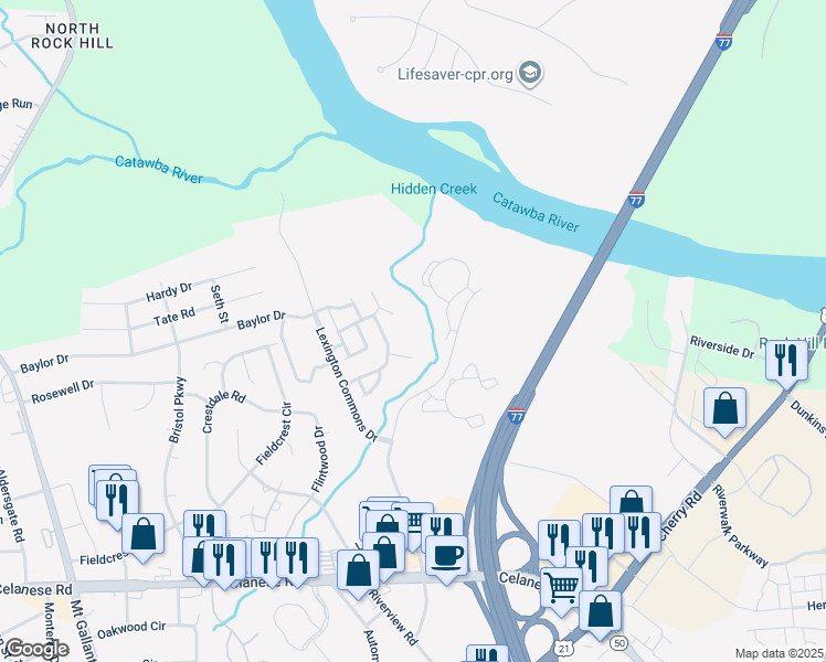 map of restaurants, bars, coffee shops, grocery stores, and more near 1521 Maypine Commons Way in Rock Hill