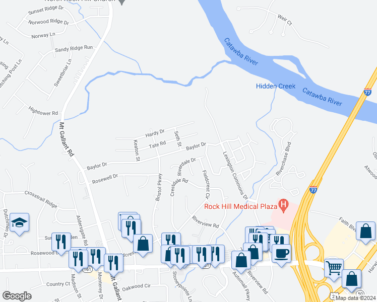 map of restaurants, bars, coffee shops, grocery stores, and more near 1625 Baylor Drive in Rock Hill