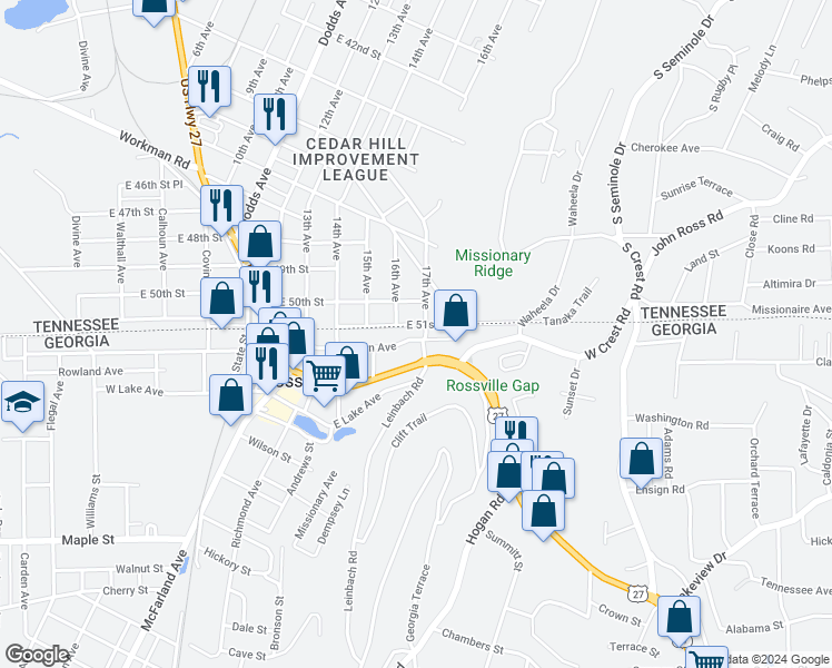 map of restaurants, bars, coffee shops, grocery stores, and more near 318 East Gordon Avenue in Rossville