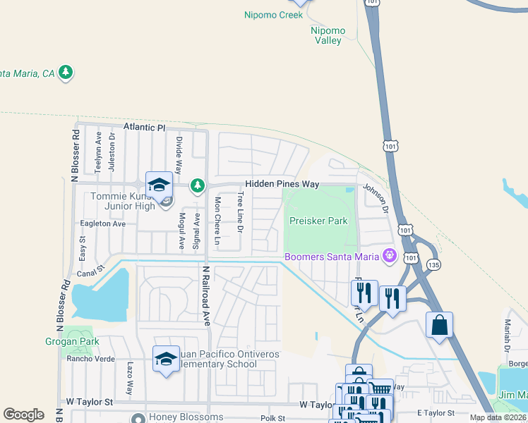 map of restaurants, bars, coffee shops, grocery stores, and more near 506 Presidio Way in Santa Maria