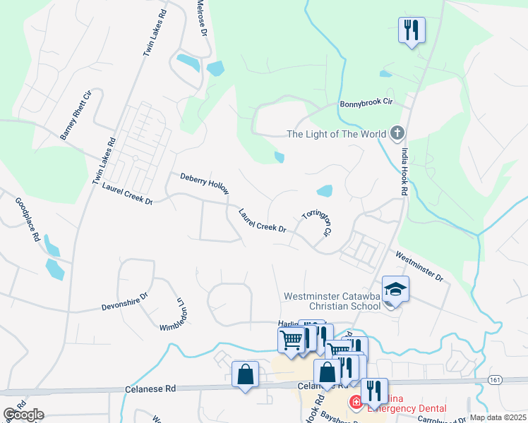 map of restaurants, bars, coffee shops, grocery stores, and more near 1221 Rittenhouse Lane in Rock Hill