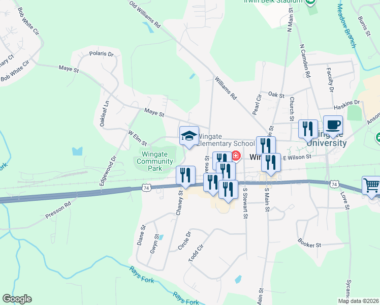 map of restaurants, bars, coffee shops, grocery stores, and more near 301 Bivens Street in Wingate