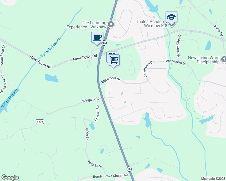 map of restaurants, bars, coffee shops, grocery stores, and more near 1701 Therrell Farms Road in Marvin