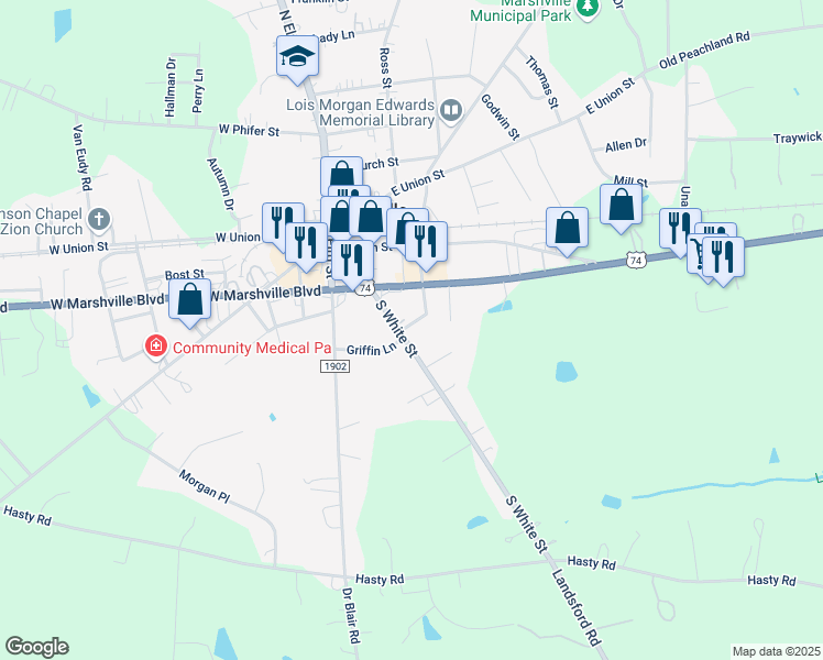 map of restaurants, bars, coffee shops, grocery stores, and more near 203 South White Street in Marshville