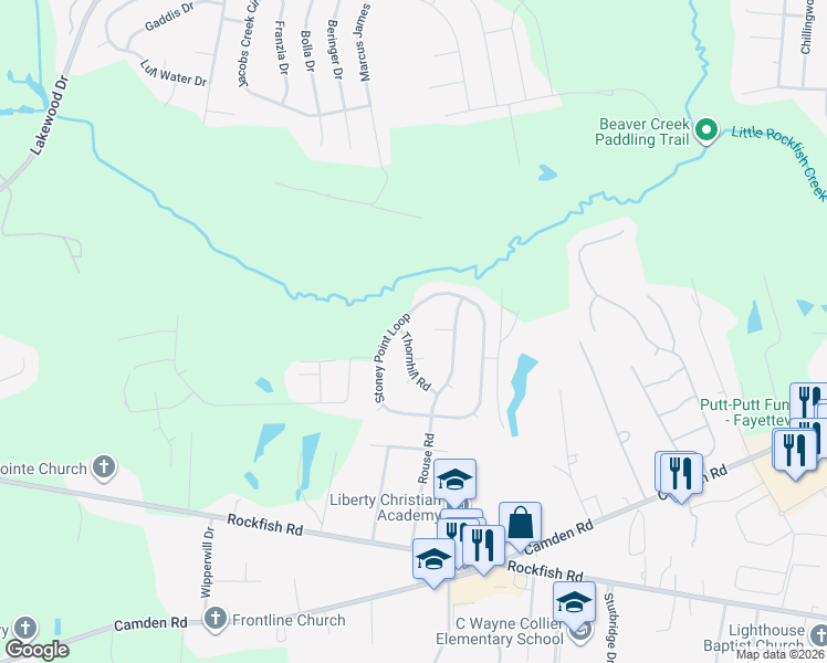 map of restaurants, bars, coffee shops, grocery stores, and more near 6281 Stoney Point Loop in Fayetteville