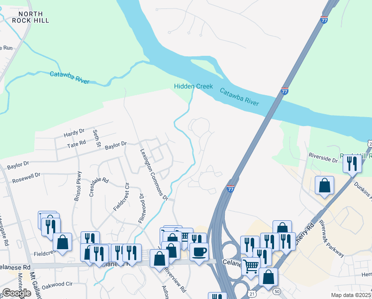 map of restaurants, bars, coffee shops, grocery stores, and more near 1517 Maypine Commons Way in Rock Hill
