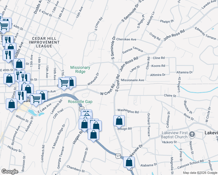 map of restaurants, bars, coffee shops, grocery stores, and more near 220 West Crest Road in Rossville