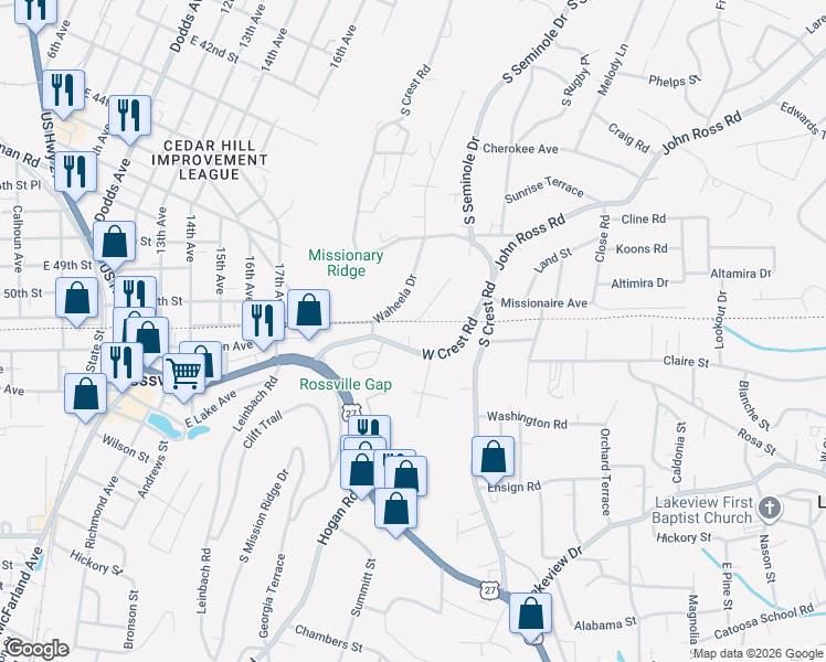 map of restaurants, bars, coffee shops, grocery stores, and more near 206 West Crest Road in Rossville