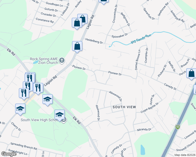 map of restaurants, bars, coffee shops, grocery stores, and more near 3565 Pioneer Drive in Hope Mills