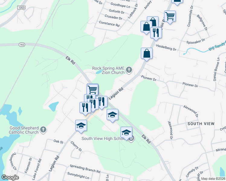 map of restaurants, bars, coffee shops, grocery stores, and more near 4140 Legion Road in Hope Mills