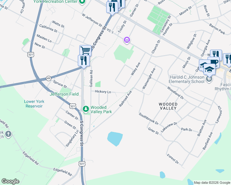 map of restaurants, bars, coffee shops, grocery stores, and more near 402 Hickory Lane in York