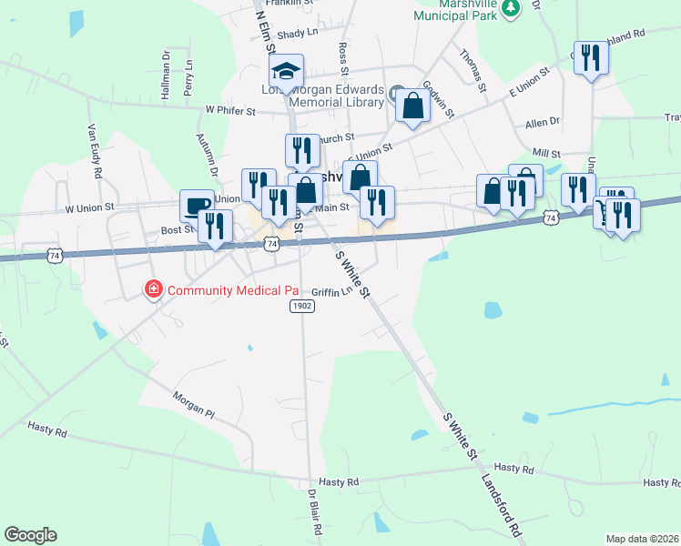 map of restaurants, bars, coffee shops, grocery stores, and more near 111 Griffin Lane in Marshville