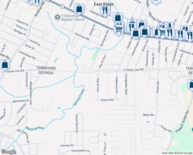 map of restaurants, bars, coffee shops, grocery stores, and more near 72 Key West Avenue in Rossville
