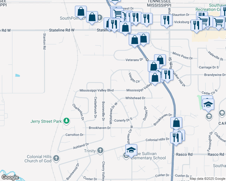 map of restaurants, bars, coffee shops, grocery stores, and more near 1958 Mississippi Valley Boulevard in Southaven