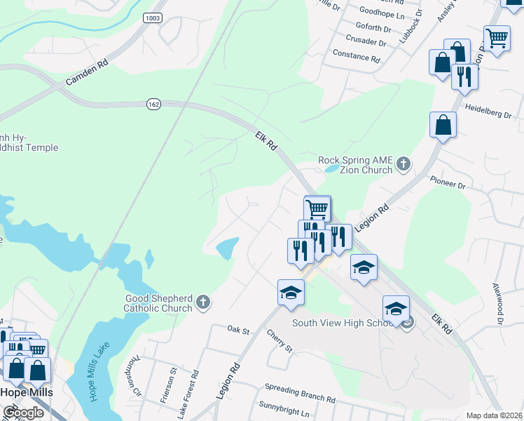 map of restaurants, bars, coffee shops, grocery stores, and more near 4969 Pinewood Drive in Hope Mills