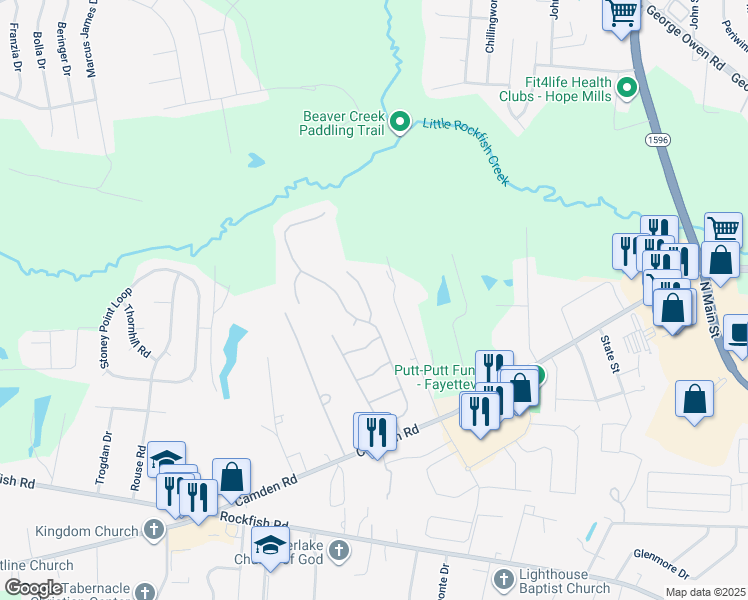 map of restaurants, bars, coffee shops, grocery stores, and more near 3225 Lillian Place in Fayetteville