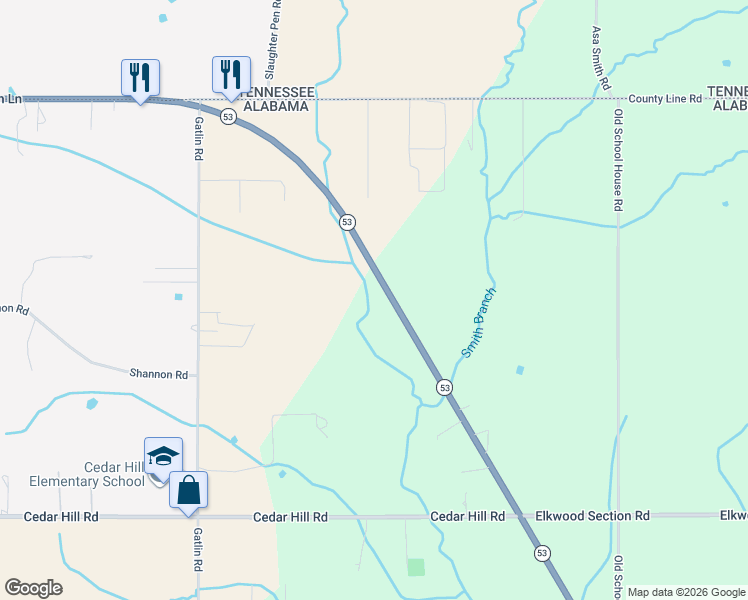 map of restaurants, bars, coffee shops, grocery stores, and more near 28718 Alabama 53 in Ardmore