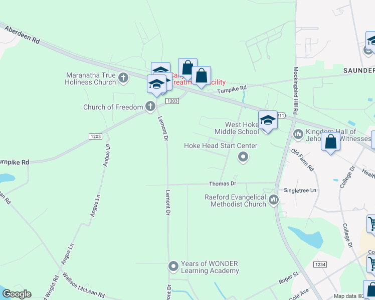 map of restaurants, bars, coffee shops, grocery stores, and more near 290 Mayor Court in Raeford
