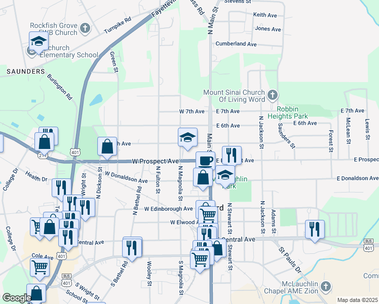 map of restaurants, bars, coffee shops, grocery stores, and more near 116 West Prospect Avenue in Raeford