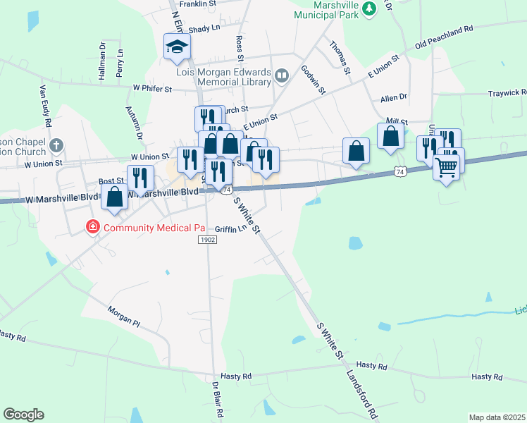 map of restaurants, bars, coffee shops, grocery stores, and more near 203 South White Street in Marshville