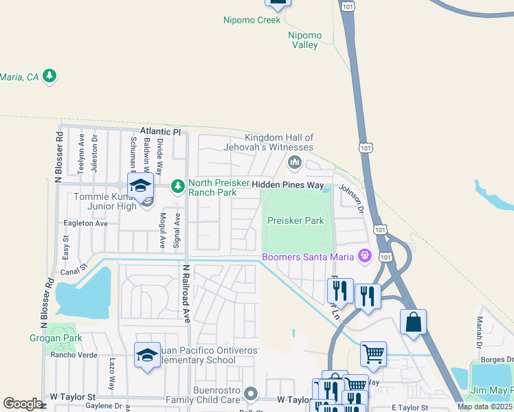 map of restaurants, bars, coffee shops, grocery stores, and more near 407 Presidio Way in Santa Maria