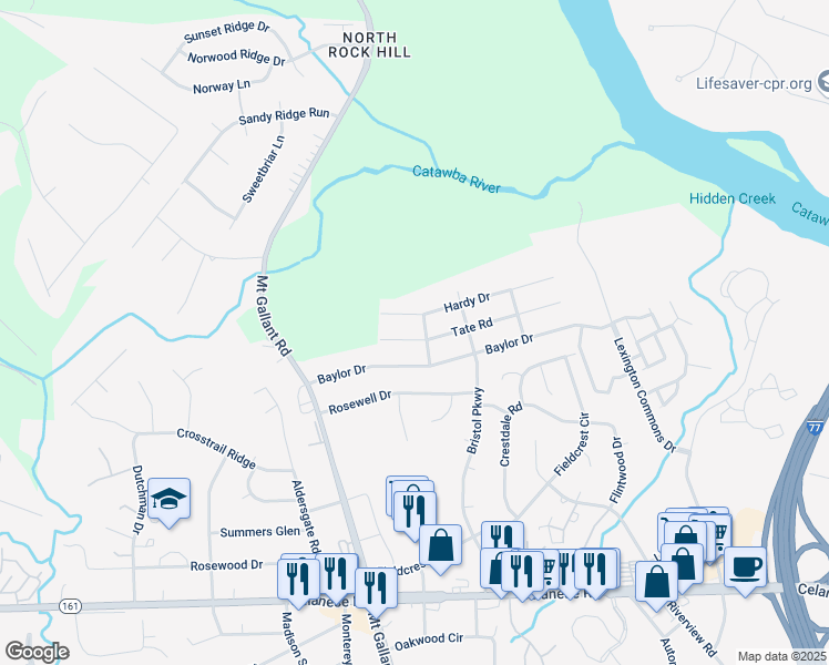 map of restaurants, bars, coffee shops, grocery stores, and more near 1775 Tate Road in Rock Hill