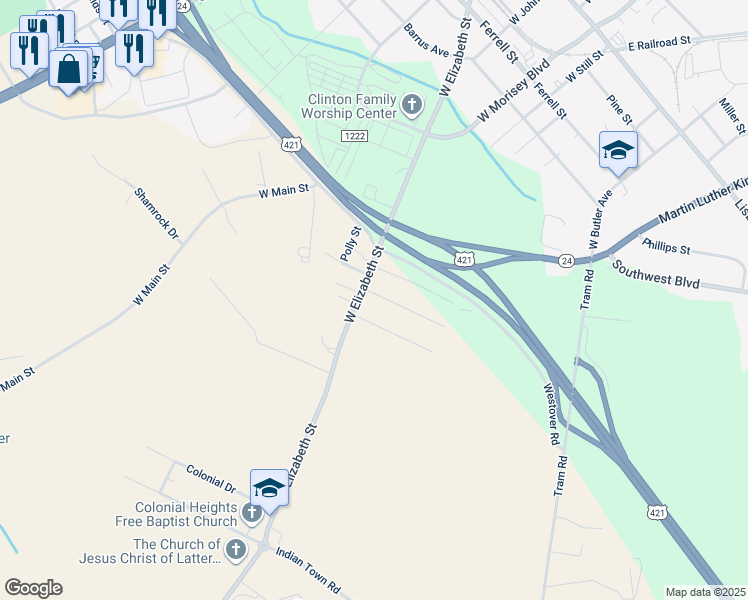 map of restaurants, bars, coffee shops, grocery stores, and more near 101 Harmon Street in Clinton