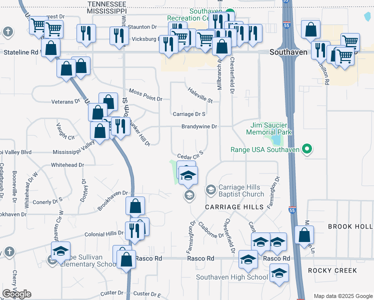 map of restaurants, bars, coffee shops, grocery stores, and more near 8528 Claiborne Cove in Southaven