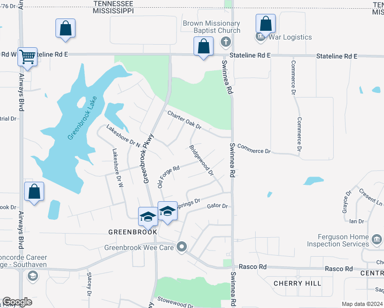 map of restaurants, bars, coffee shops, grocery stores, and more near 8521 Bridgewood Drive in Southaven