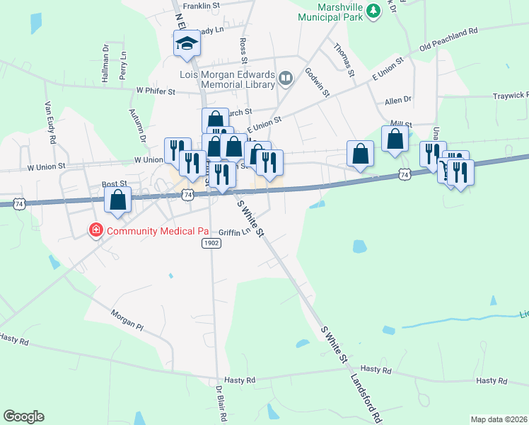 map of restaurants, bars, coffee shops, grocery stores, and more near 203 South White Street in Marshville